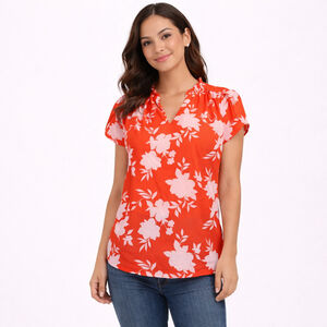 Women's 41 HAWTHORN Red Coral & Pink Floral Blouse, Size M